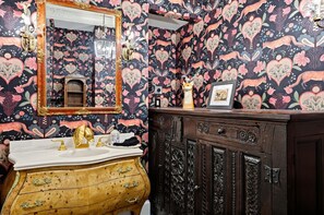 Half Bath | Ornate Vanity | Decorative Wallpaper - Historic Savannah Estate by Forsyth Park (Savannah)
