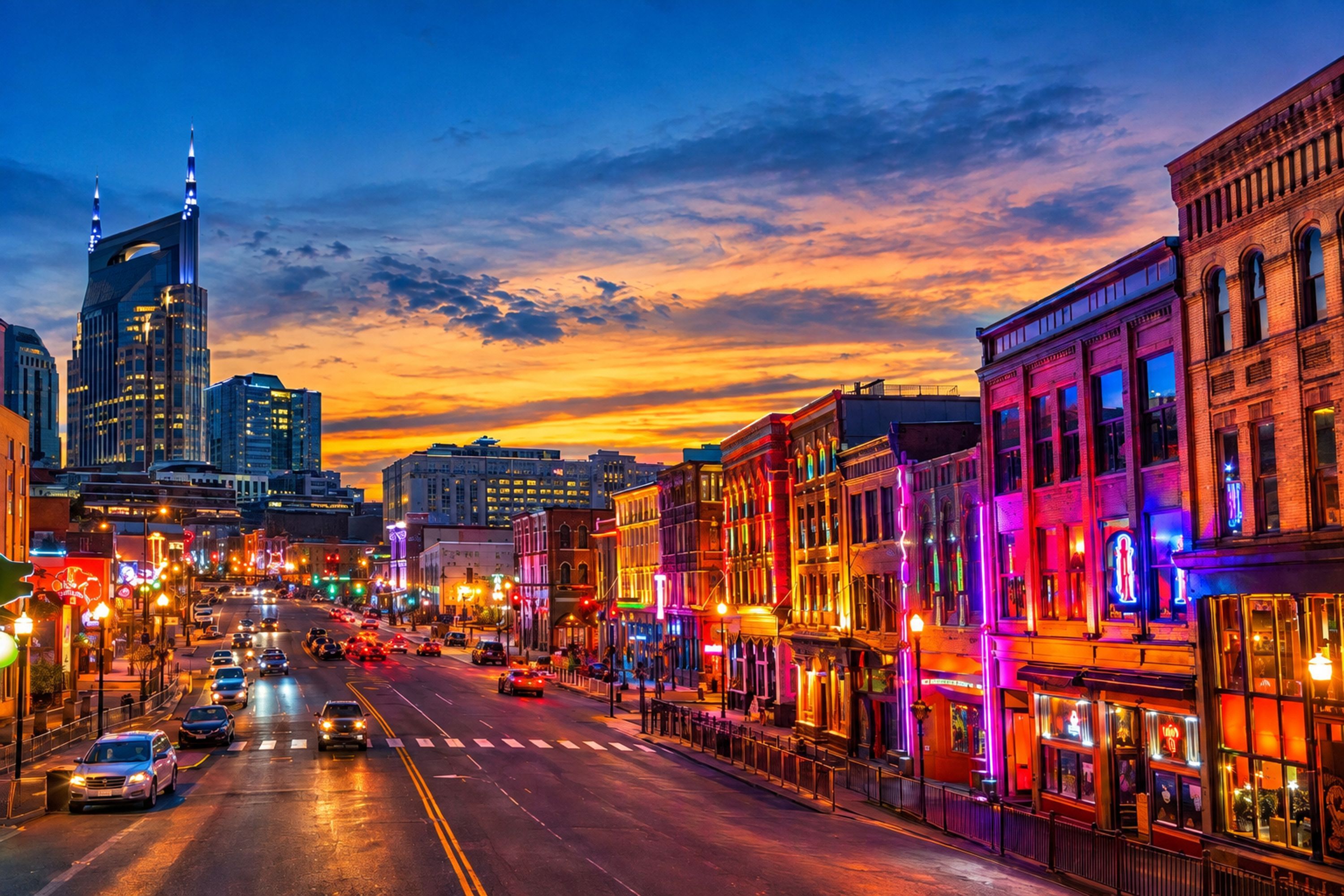 A city street at dusk with buildings on either side and a clear sky.