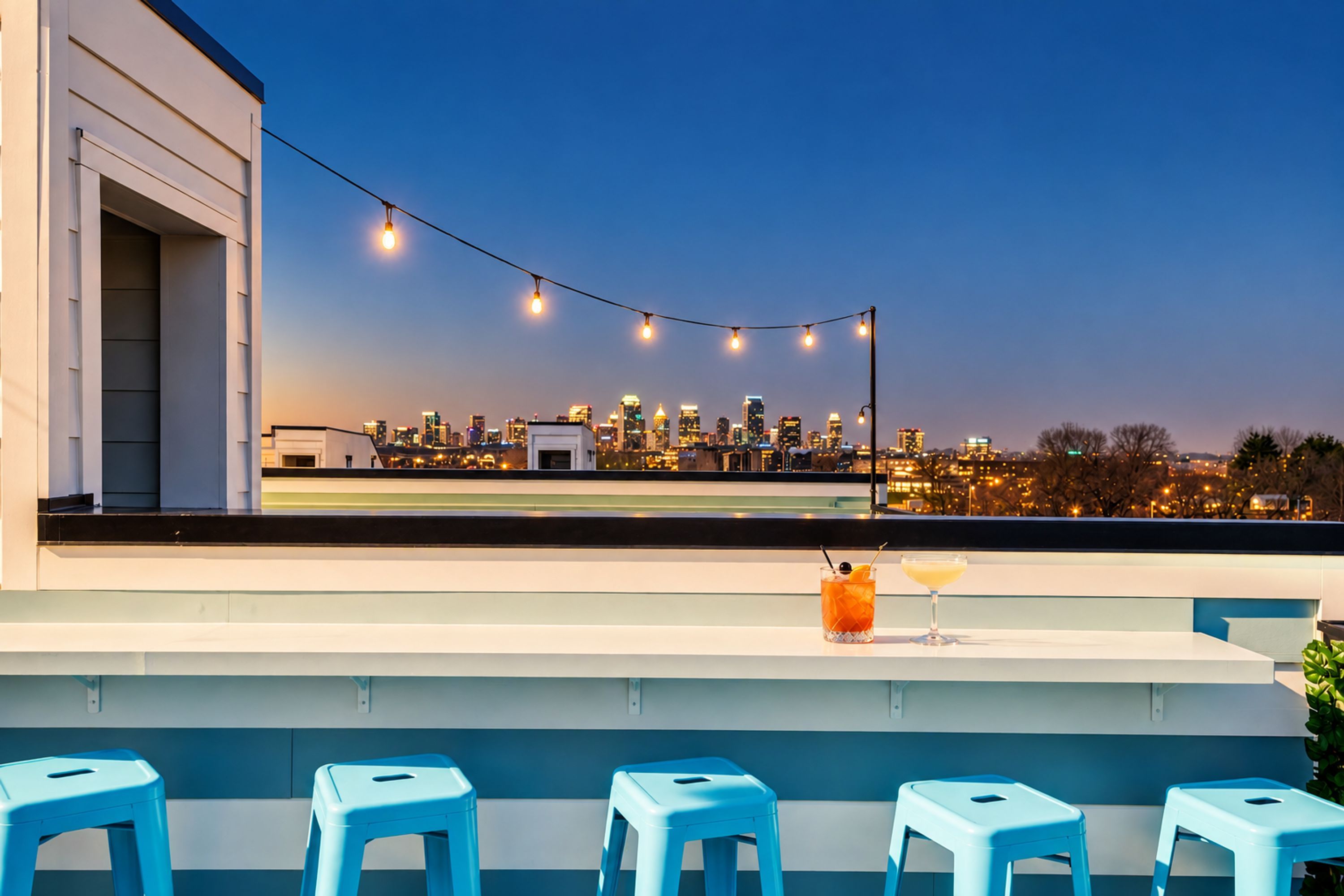 A rooftop bar with a city skyline view, string lights, and two stools.