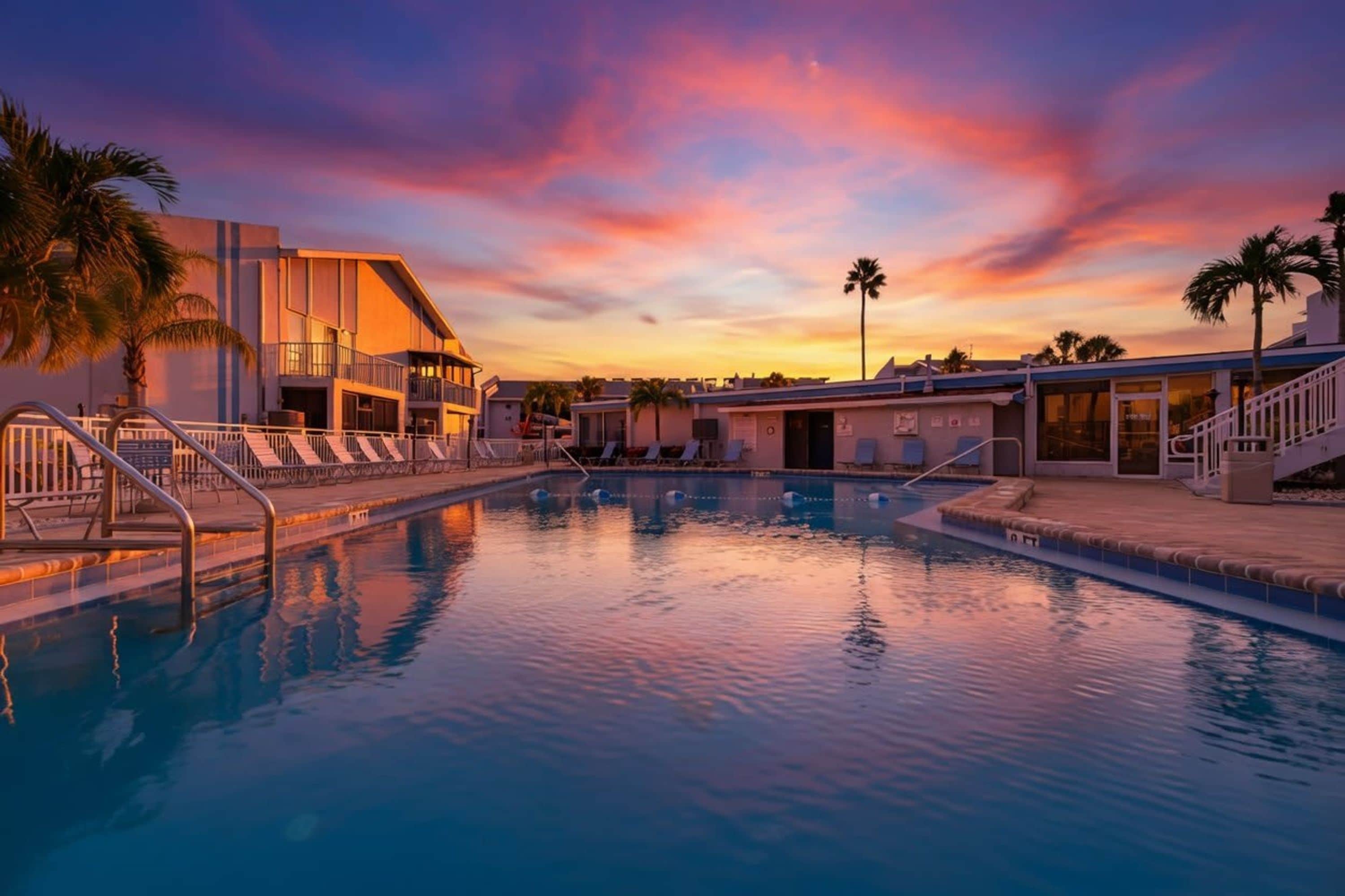 A swimming pool with a sunset view, a building with a balcony, and palm trees.