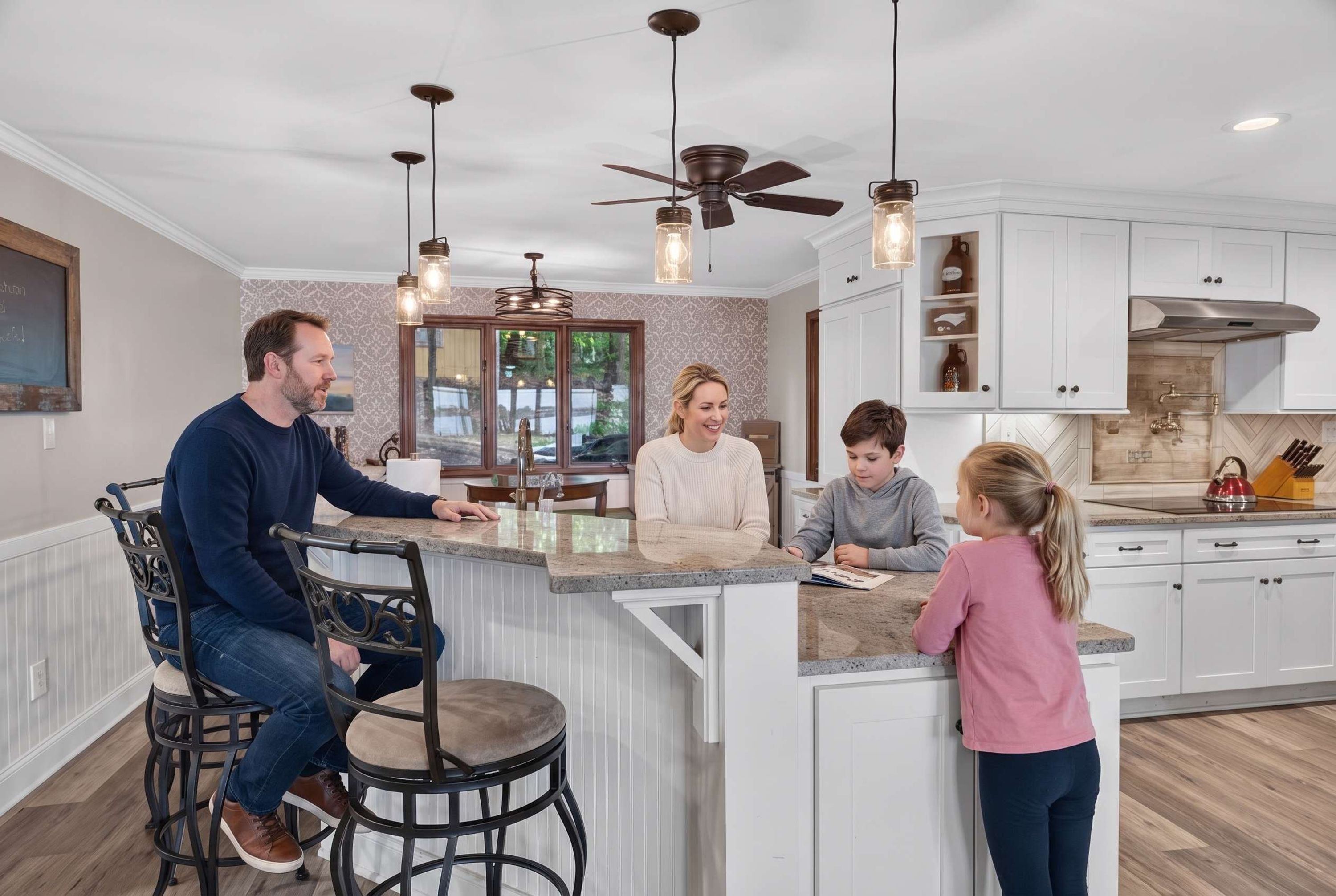 A modern kitchen with a central island, pendant lighting, and a ceiling fan.