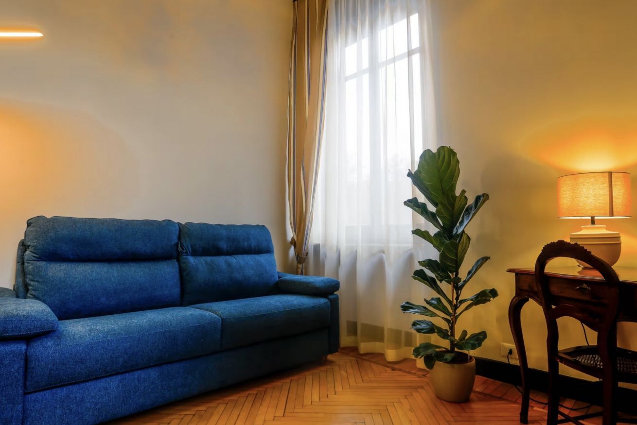 A room with a blue sofa, a wooden floor, a potted plant, a lamp, and a chair.
