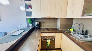 Una cocina moderna con armarios de madera, horno empotrado, un lavamanos con escurreplatos y una pequeña planta en maceta.