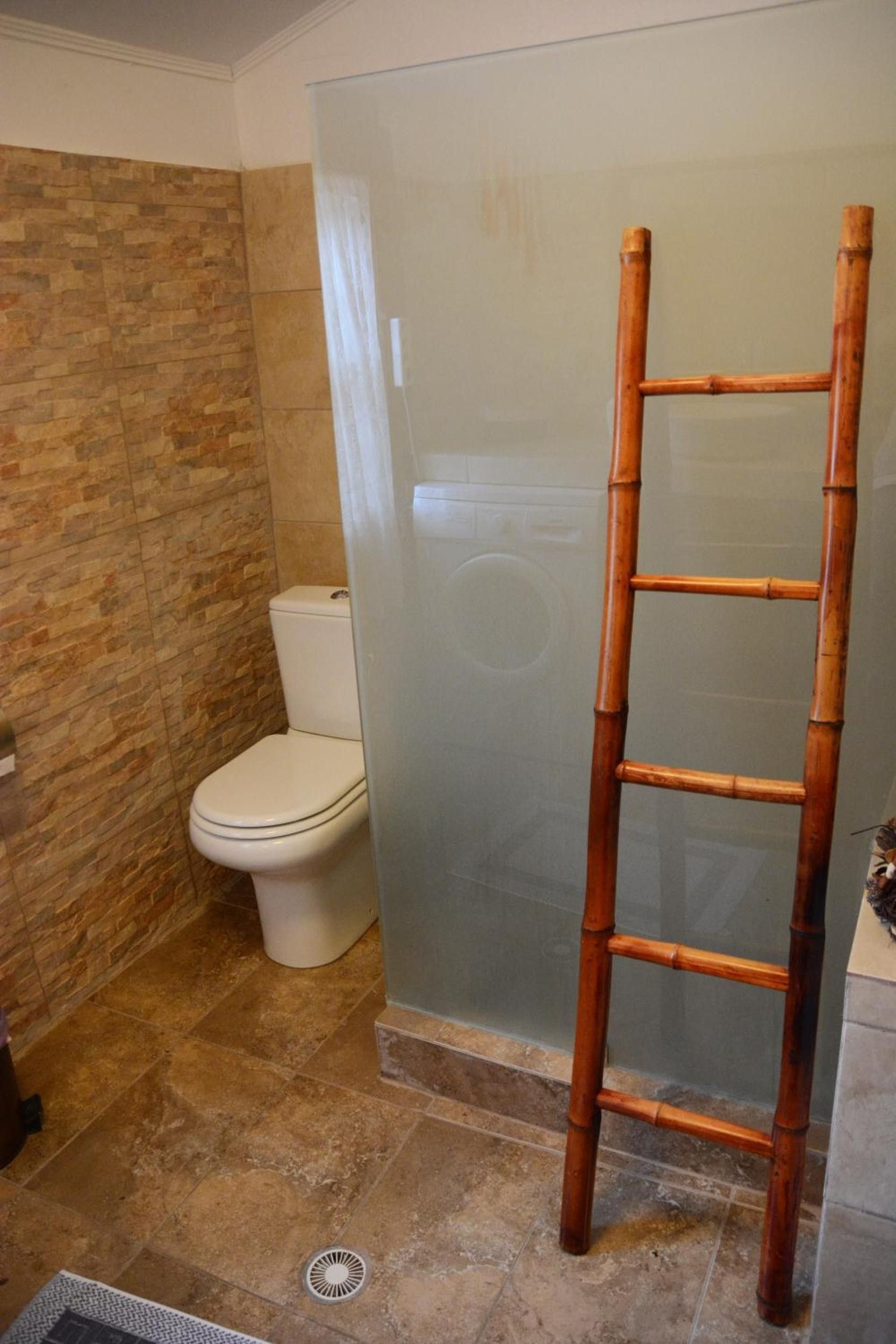 A bathroom with a toilet, a shower area with a glass door, and a bamboo ladder.