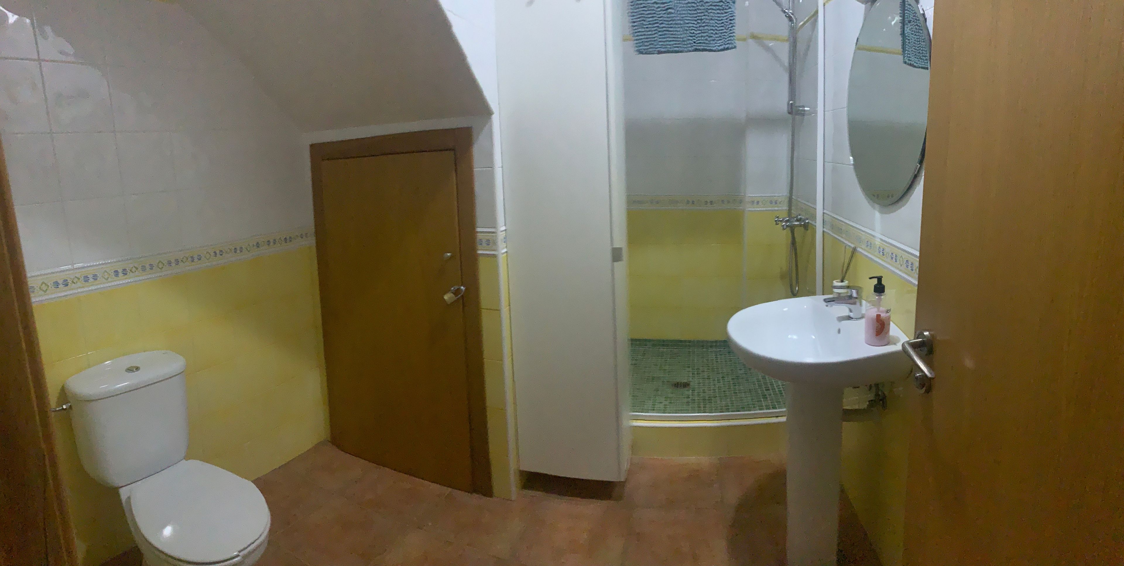 Un baño con inodoro, lavabo y zona de ducha.