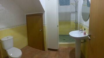 Un baño con inodoro, lavabo y zona de ducha.