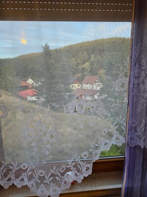 Una ventana con un cortinero de encaje y vistas a casas en una ladera.