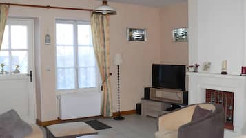 Olohuone, jossa on takka, televisio ja sohva.