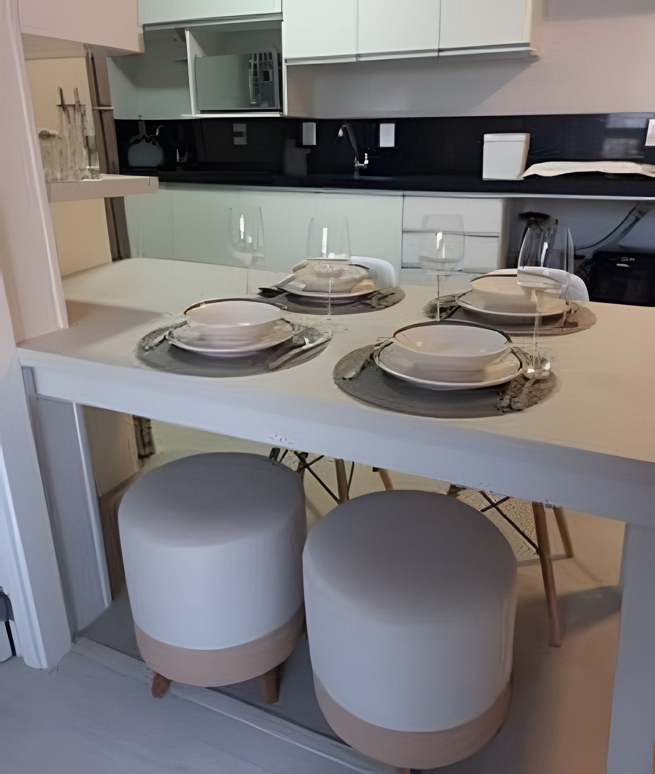 Et moderne køkken med hvide skabe, en sort bordplade og et spisebord med tallerkener og glas.