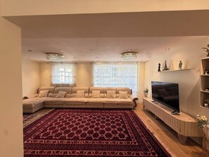 Uma sala de estar com sofá seccional, televisão de tela plana, objetos decorativos nas prateleiras e um tapete estampado.