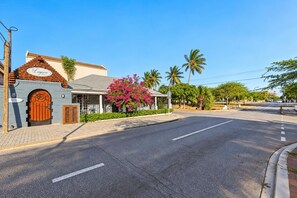 A street view with a building labeled 'Lagoon' and a pink flowering tree. - 1BR/1BA 5 MINS to Beach | Lagoon Studio by Bocobay (Noord)