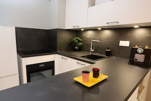 A modern kitchen with white cabinets, a black countertop, and a small potted plant. - St Cyprien Terrace apartment 2 minutes from the port and the beach (Saint-Cyprien)