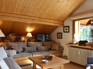 Ein gemütliches Wohnzimmer mit Holzboden, einem Karomuster-Sofa, einem Couchtisch und einer Heizung.