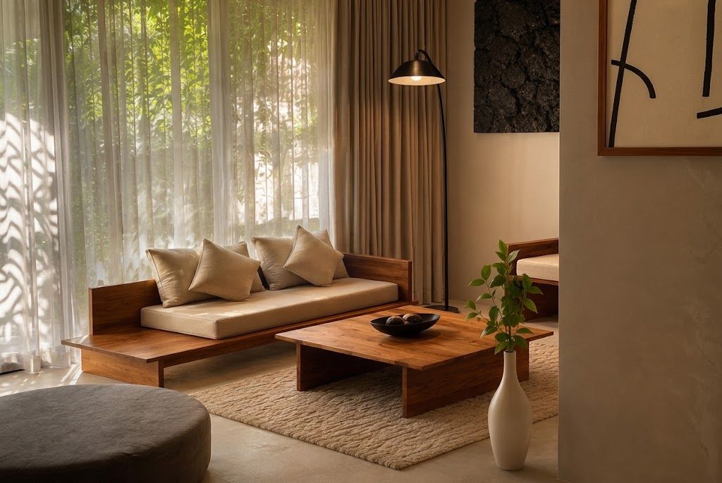 A modern living room with a sofa, coffee table, and a vase of green plants.
