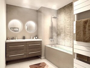 A modern bathroom with a double vanity, two round mirrors, a shower, and a bathtub. - Calm apartment near the slopes (Méribel)
