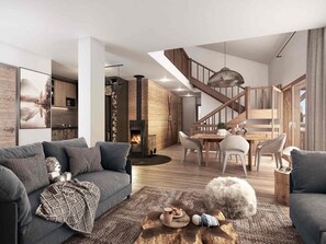 A modern living room with a fireplace, a dining area, and a staircase. - Calm apartment near the slopes (Méribel)