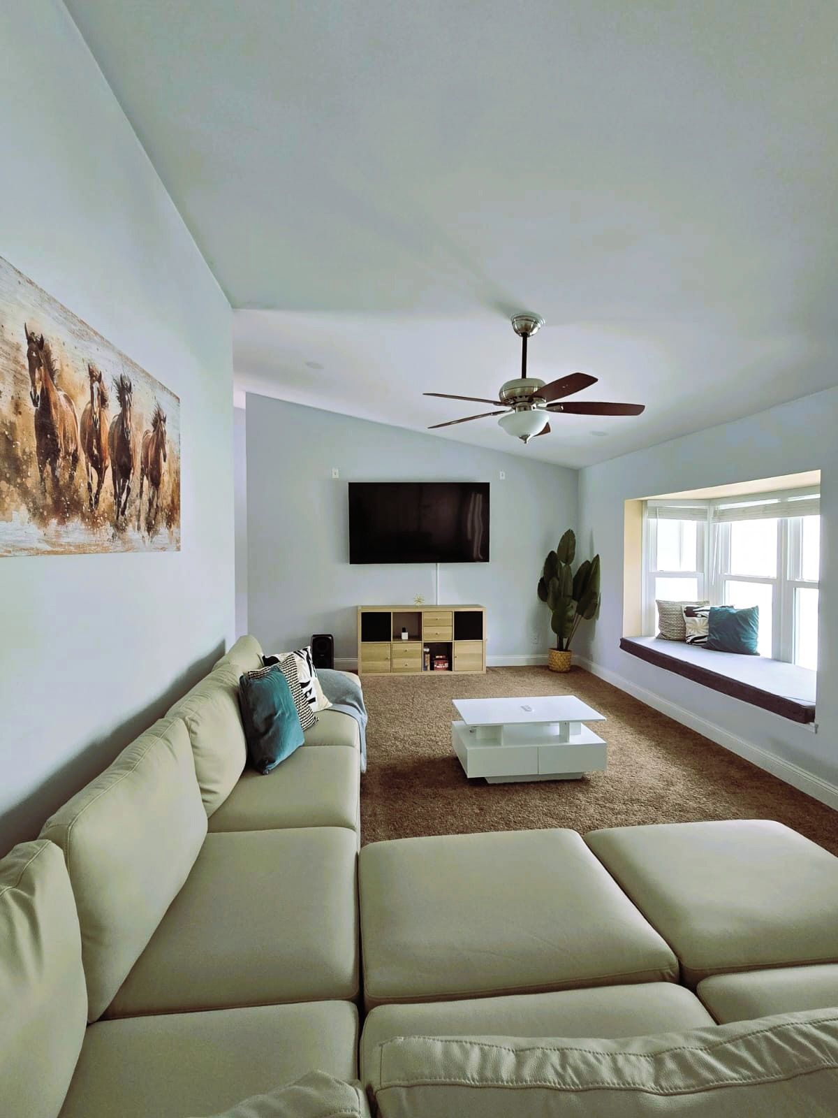 A living room with a sofa, a coffee table, a TV, and a ceiling fan.