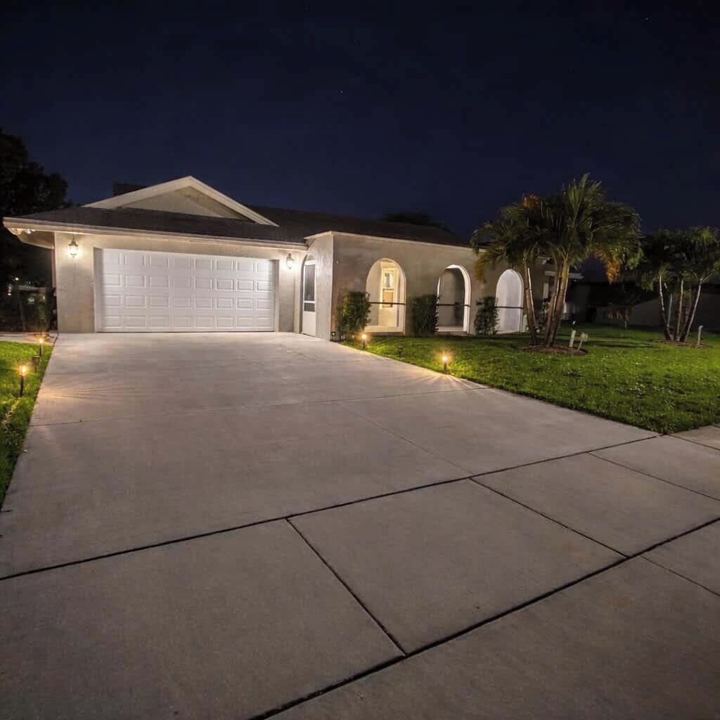 A residential house with a garage, a driveway, and a well-lit front yard.