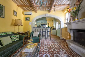 A living room with a green sofa, a patterned rug, and a fireplace. - Reflet De Provence - Proche d'Avignon (Le Thor)