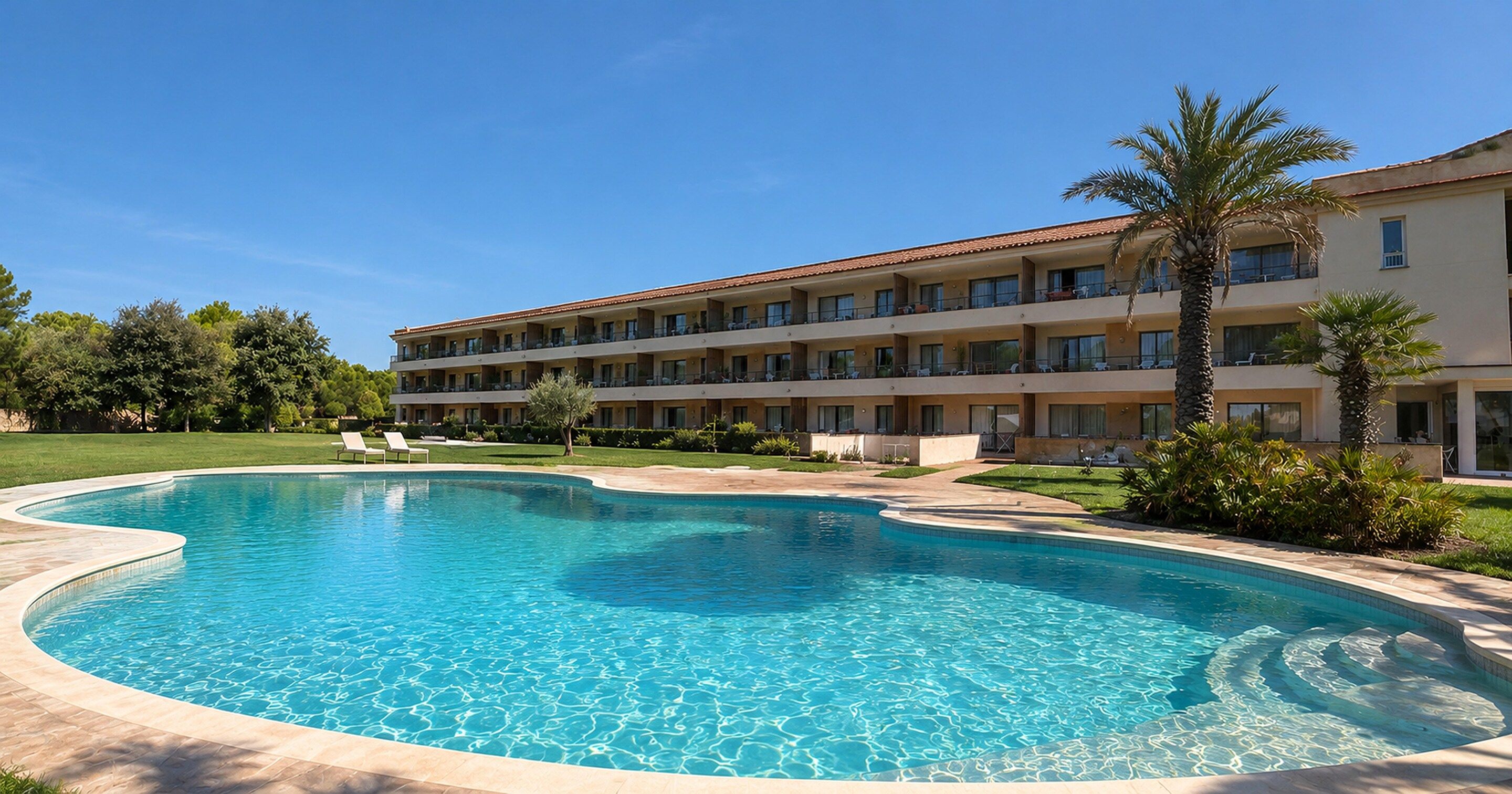 Hotel amb piscina, diversos balcons i un jardí ben cuidat.