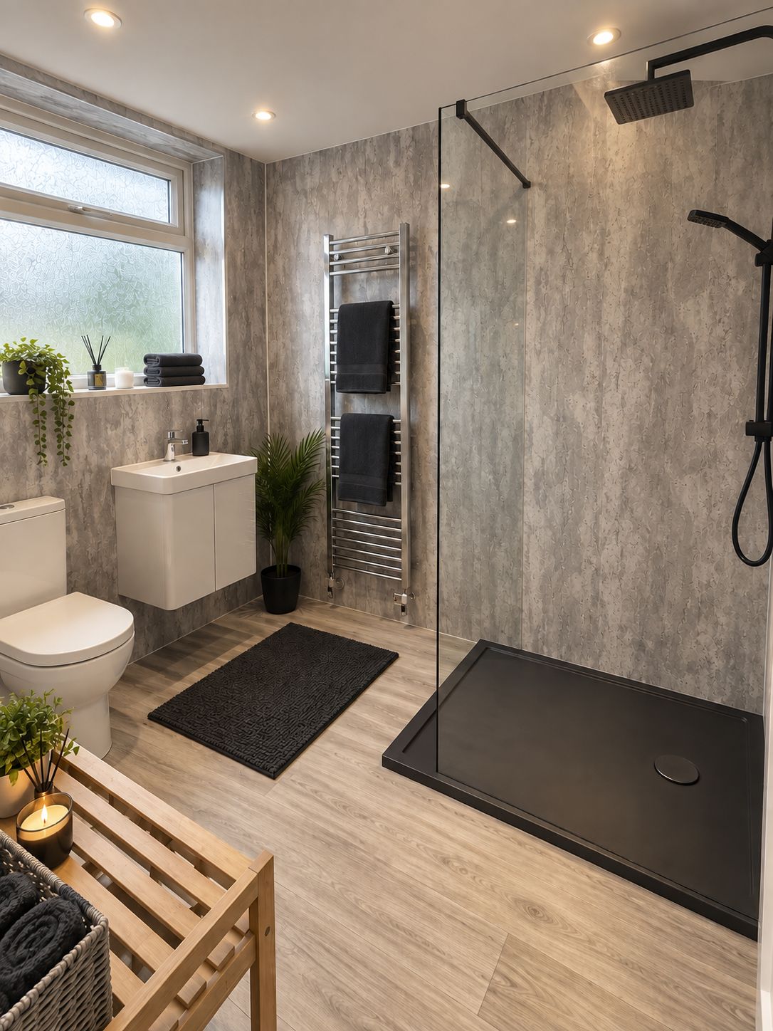 Une salle de bain moderne avec une douche à parois de verre, des toilettes, un lavabo et une fenêtre agrémentée de plantes.