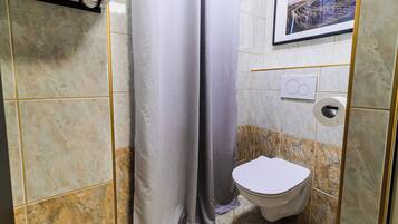 A bathroom with a toilet, a shower curtain, and a picture on the wall.