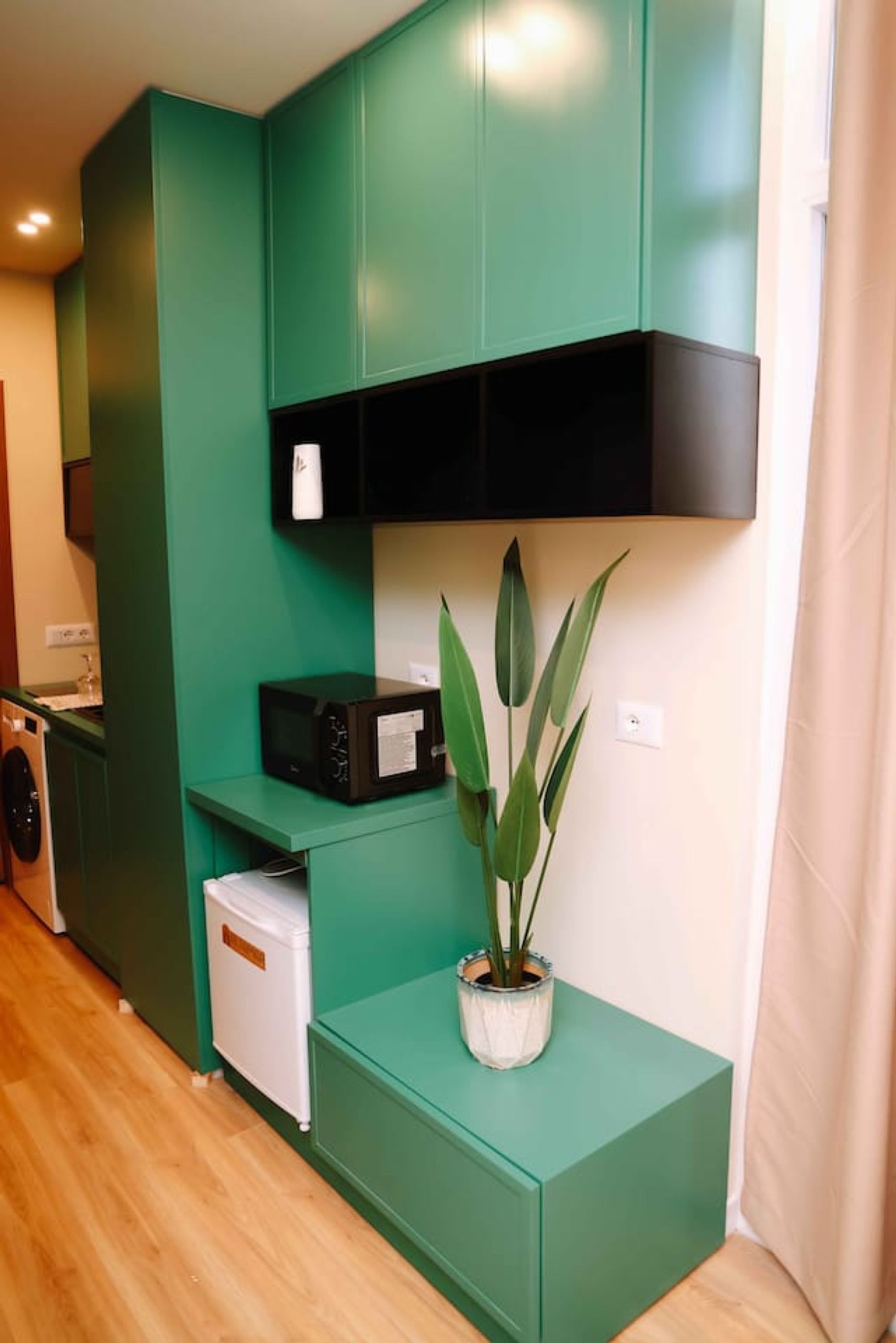 A compact kitchen with green cabinetry, a microwave, and a potted plant.