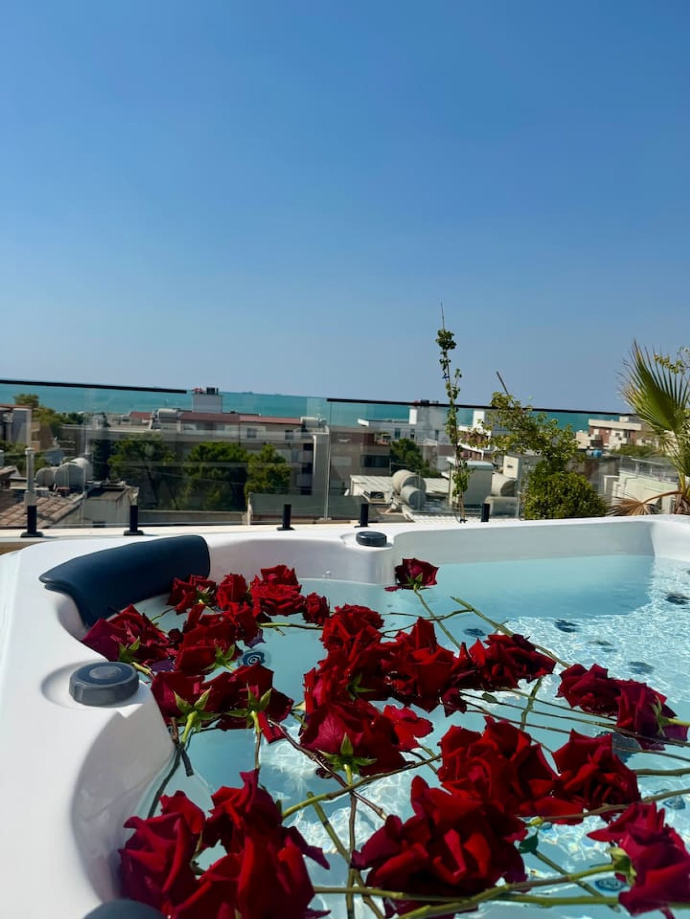 A rooftop pool with red roses and a clear view of the cityscape.