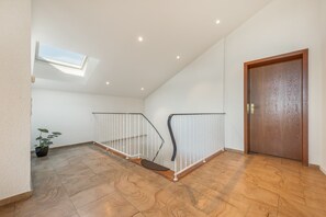 A spacious room with a sloped ceiling, a skylight, a wooden door, and a potted plant.