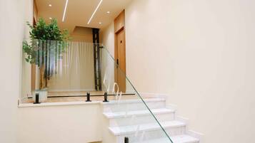 A modern staircase with glass railings and a potted plant on the landing.
