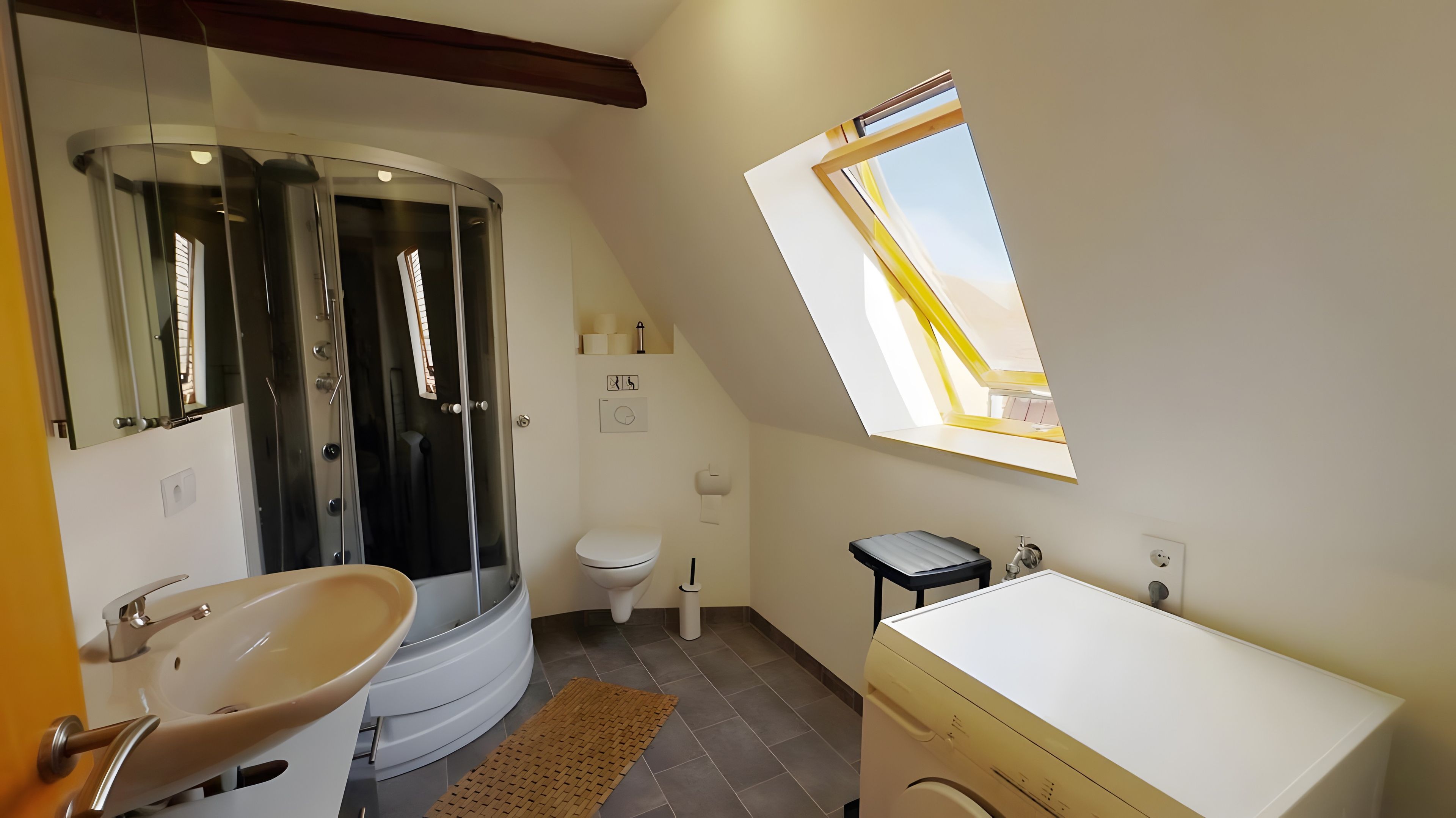 Un bagno con doccia, WC, lavandino e finestra sul tetto.
