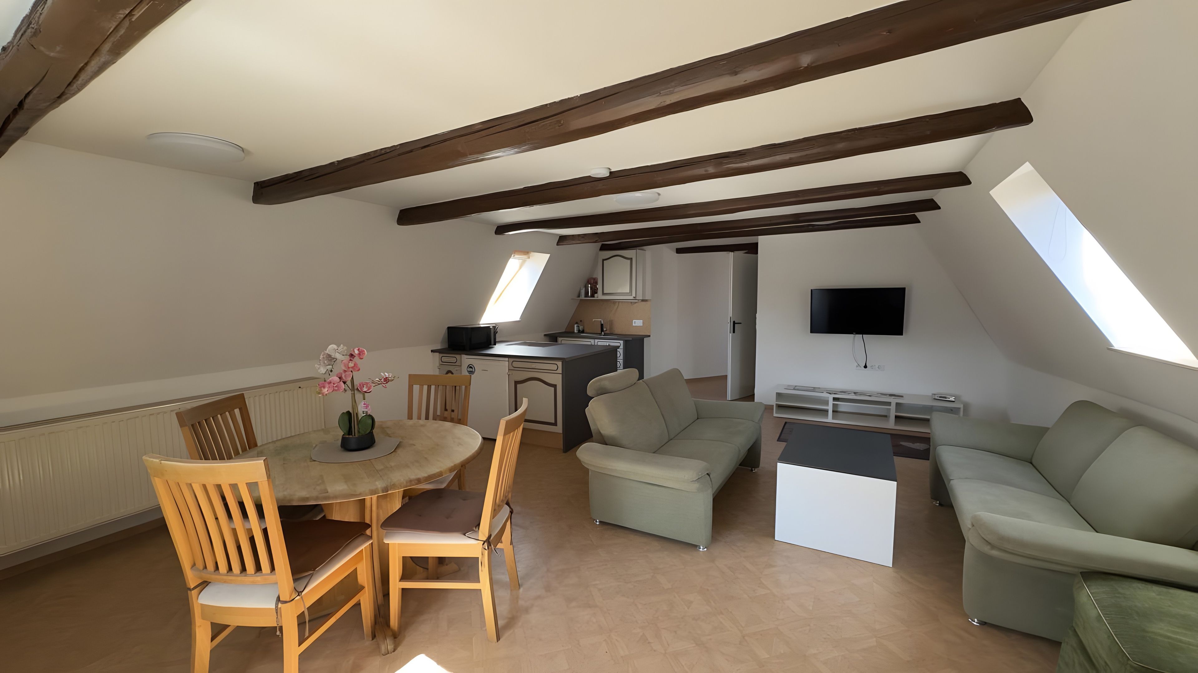 Eine Loft-Wohnung mit Essbereich, einer Couch, einem Fernseher und einer Küche.