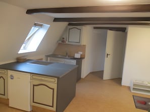 Cocina compacta con lavavajillas integrado, una pequeña encimera y una ventana.