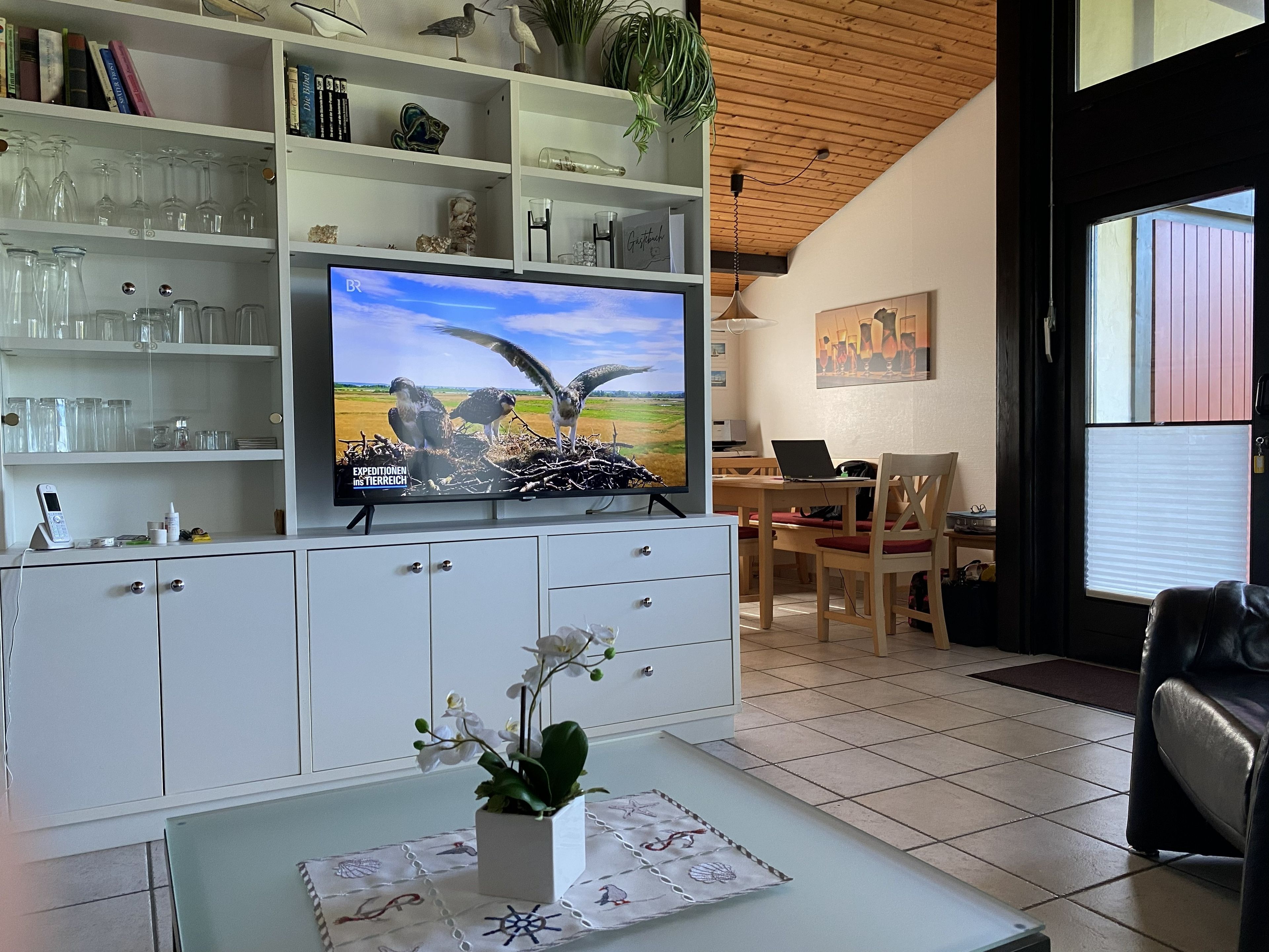 Ein Wohnzimmer mit Fernseher, der eine Außenansicht zeigt, einem Bücherregal mit Büchern und Dekoration, einem weißen Couchtisch mit Pflanze und einem Essbereich mit einem Laptop.