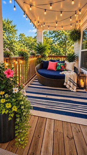 A covered outdoor seating area with a round sofa, string lights, and potted plants. - Beach, Pizza Oven, Saltwater Heated pool, Hot Tub (Hilton Head Island)