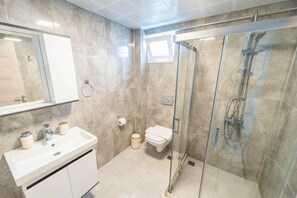 Un baño moderno con ducha envuelta en vidrio, un lavamanos blanco y un inodoro.