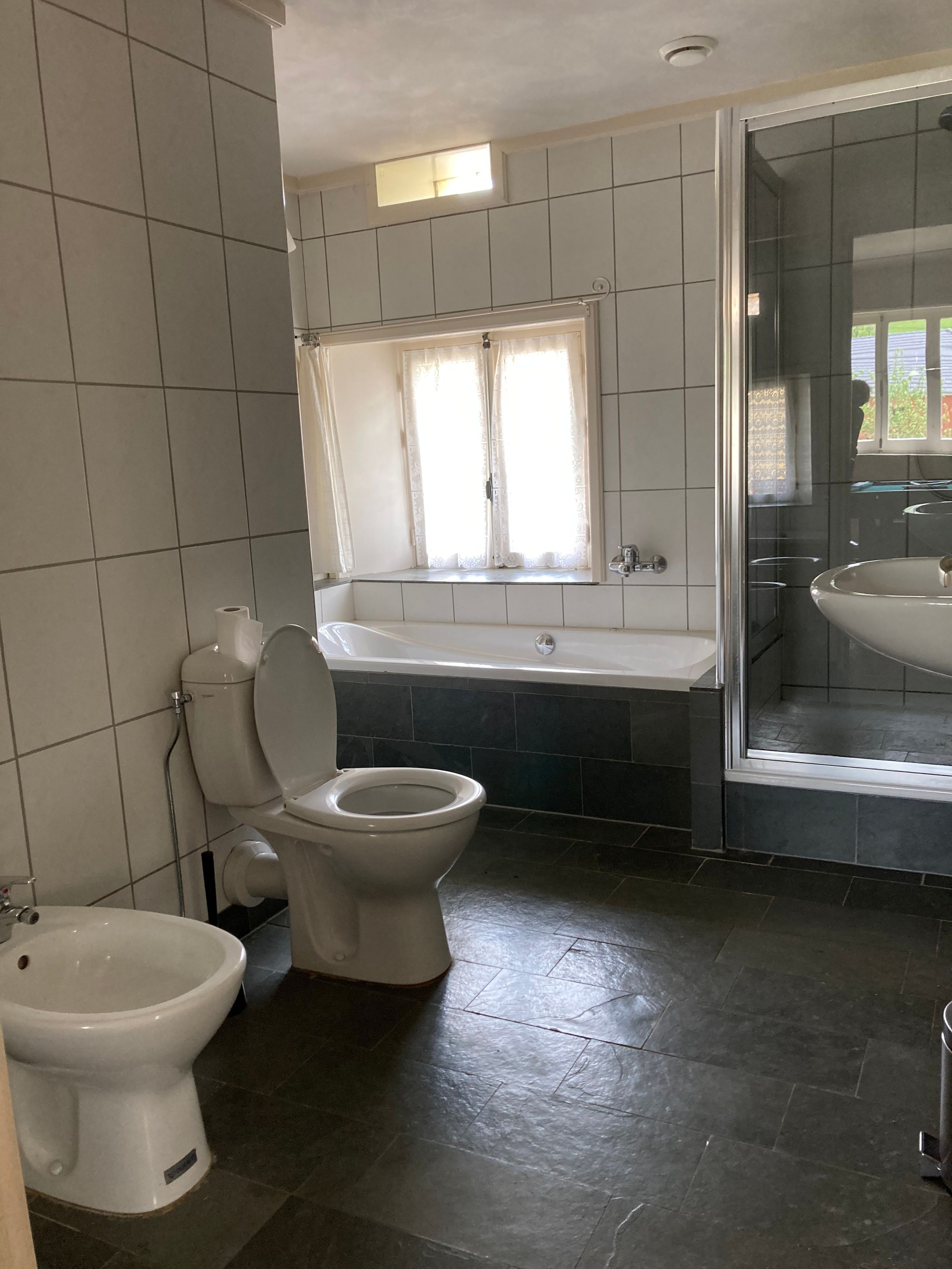 Une salle de bain comprenant des toilettes, un bidet, une baignoire et un espace douche.