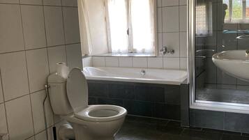 Een badkamer met toilet, bidet, bad en douche.