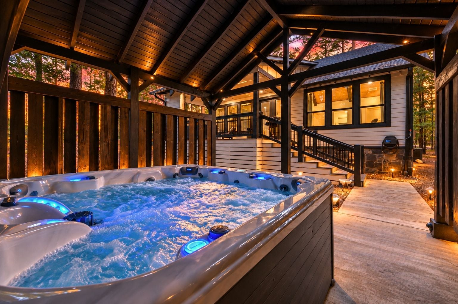 Un jacuzzi con iluminación integrada, una terraza de madera y una escalera que lleva a una casa con ventanas grandes.