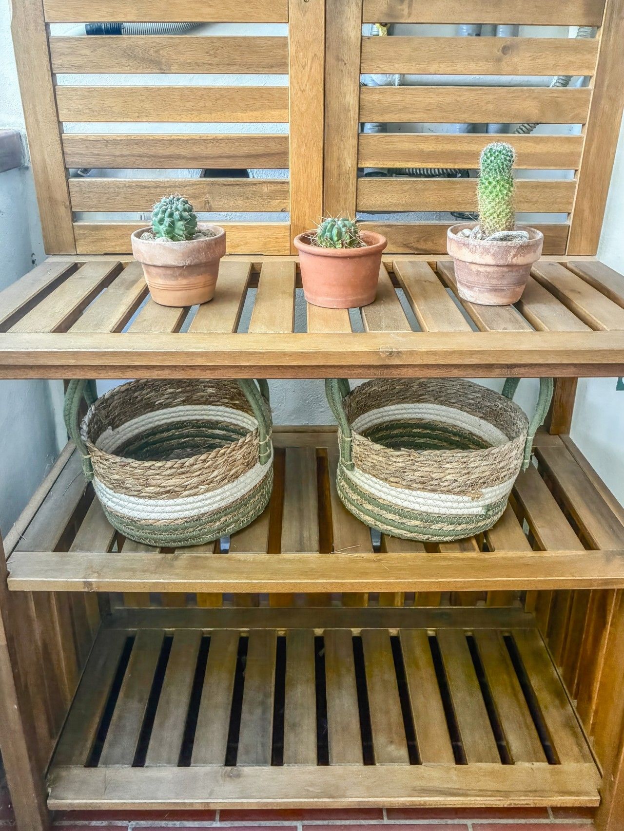 A wooden shelf with three terracotta pots containing cacti, and two woven baskets on a lower shelf.
