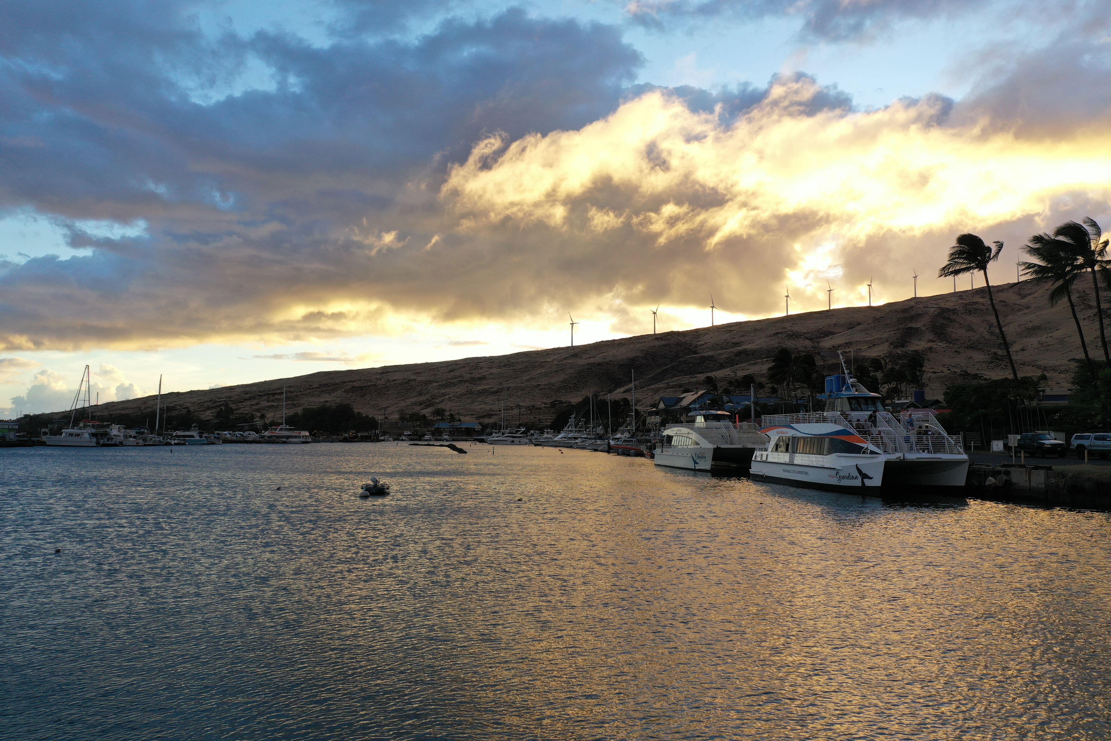 Una marina con barcos amarrados, un paisaje montañoso al fondo y un cielo al atardecer.