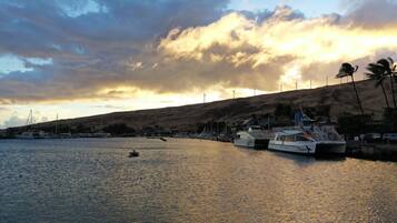 Una marina con barcos amarrados, un paisaje montañoso al fondo y un cielo al atardecer.
