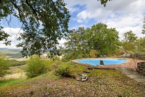 A swimming pool with a stone border and lounge chairs, surrounded by trees and a view of the countryside.