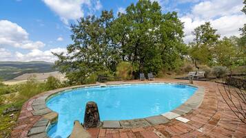 A swimming pool with a brick border, surrounded by trees and a view of the landscape.