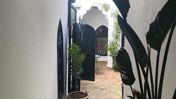 A narrow corridor with a tiled floor, white walls, and a potted plant.