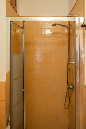 Une cabine de douche fermée par des parois en verre, dotée d’un pommeau de douche à main et d’un robinet mural.