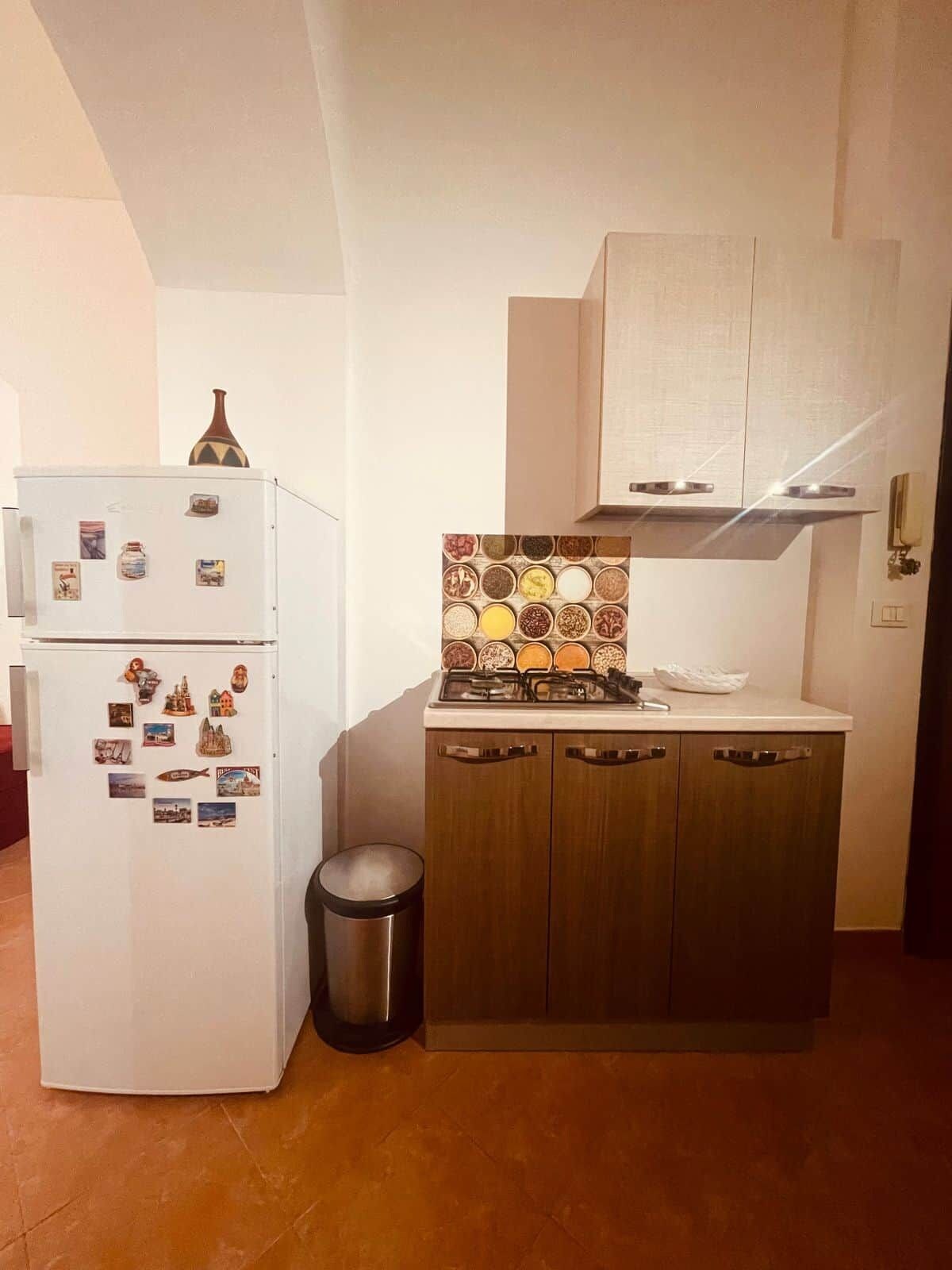 Une cuisine de taille réduite avec un réfrigérateur blanc, une cuisinière et des armoires en bois.