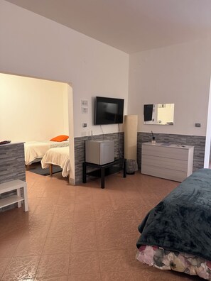 A hotel room with a bed, a desk, a television, a dresser, and a mirror.