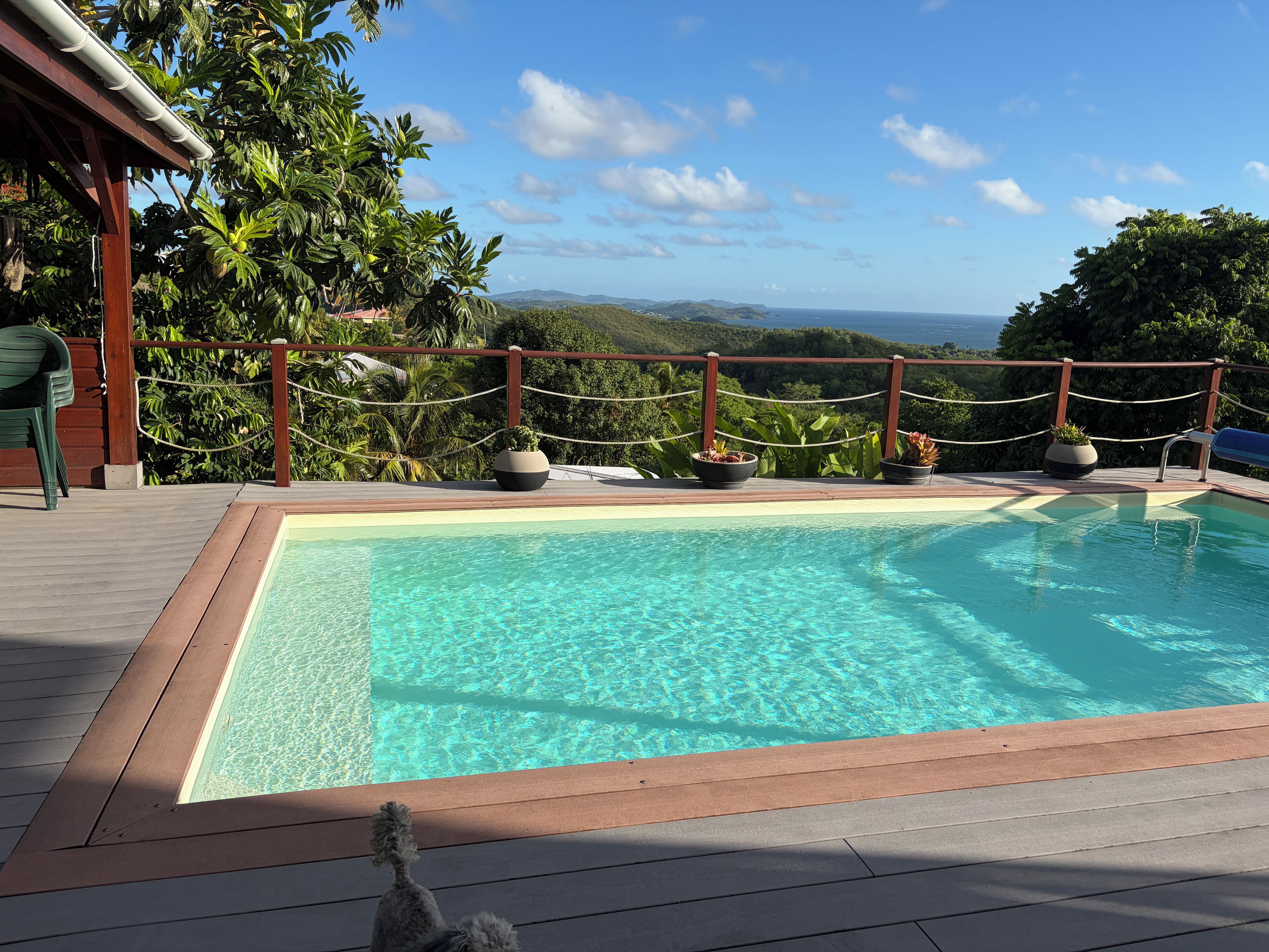 A swimming pool with a wooden deck, surrounded by a rope fence, and overlooking a landscape with hills and a view of the sea.