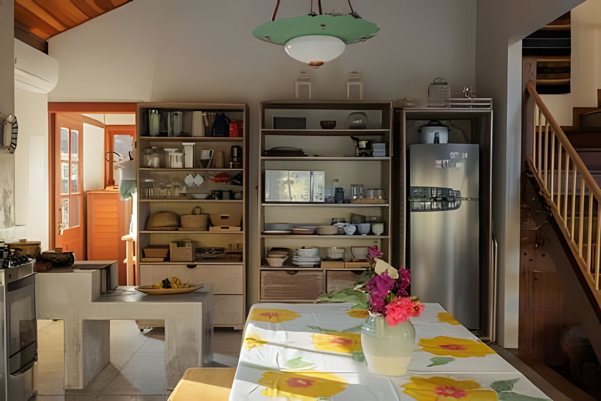 Een keuken met een eettafel, planken met keukengerei, een koelkast en een trap.